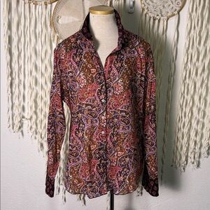 Cino Long Sleeve Cotton Button Down Floral Paisley Blouse Size XL